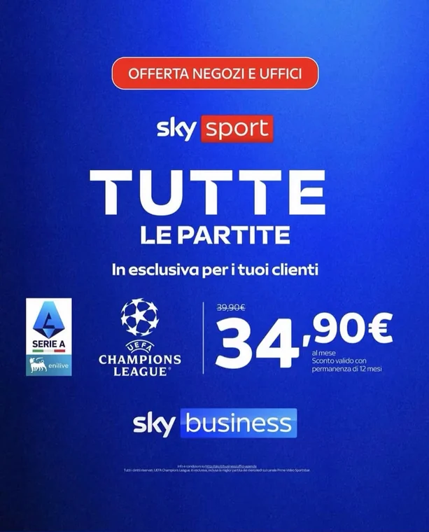 Locandina Sky Business: Sky Sport per negozi e uffici, tutte le partite a 34,90 € al mese